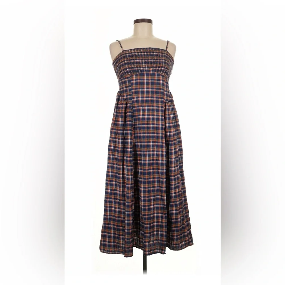 Anthropologie Pilcro Plaid Smocked Midi Dress NWT Navy Orange Cottagecore - Picture 4 of 7